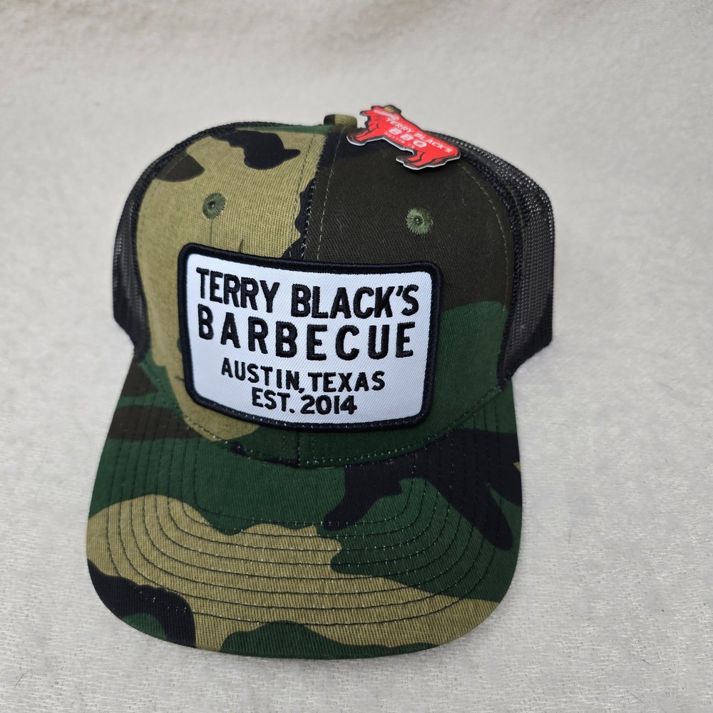 Terry Blacks Barbecue Austin Texas Camo‎ Mesh Trucker Hat Men's Adjustable NEW